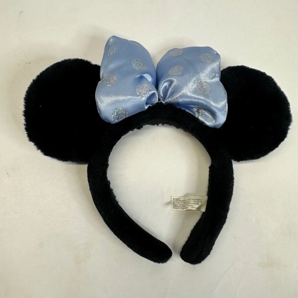 Vintage Disney Parks Minnie Mouse Ears Headband Black Blue Glitter Polka Dot Bow